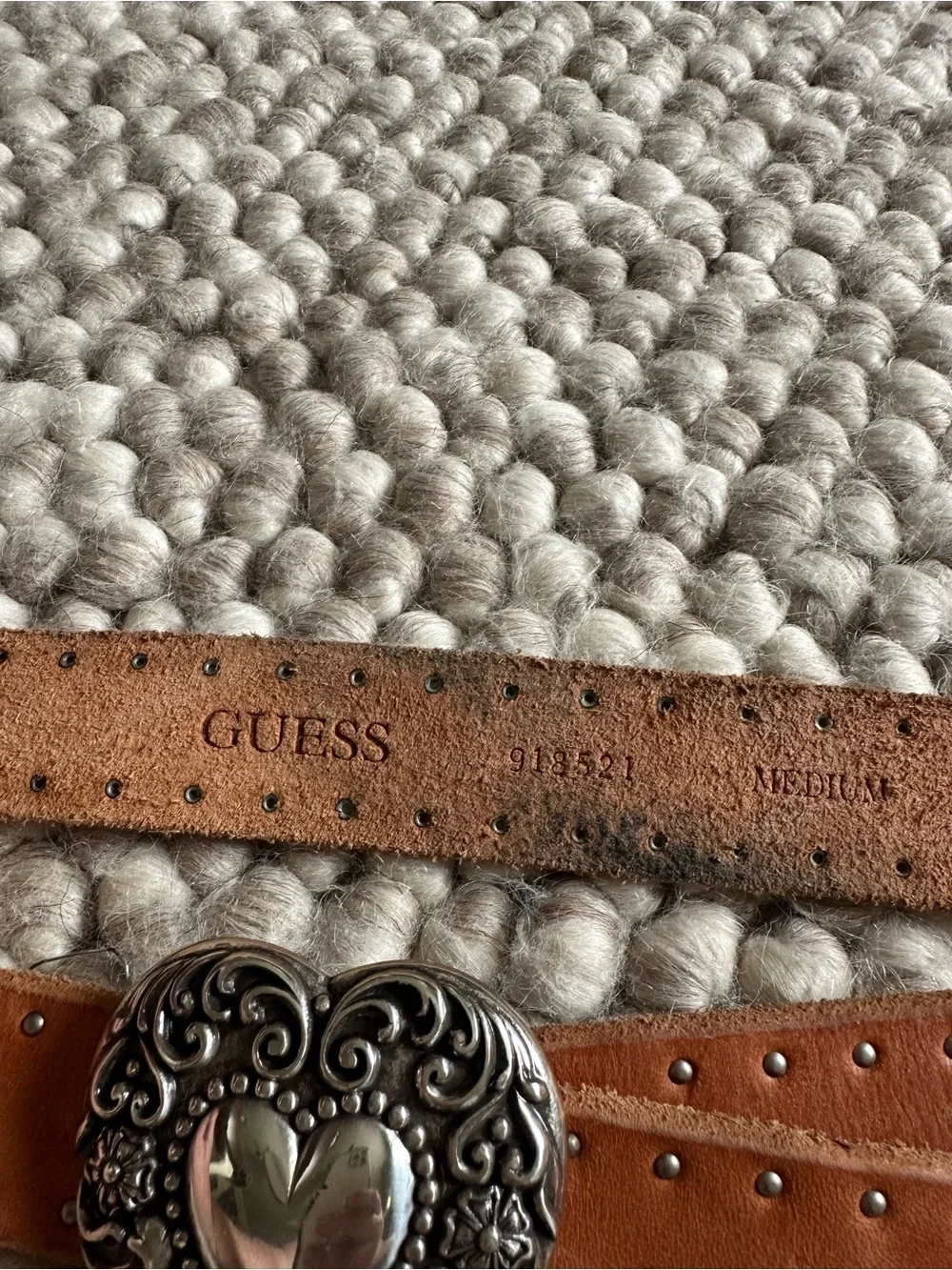 Vintage Guess Tan Leather Belt with Ornate Silver Heart Buckle